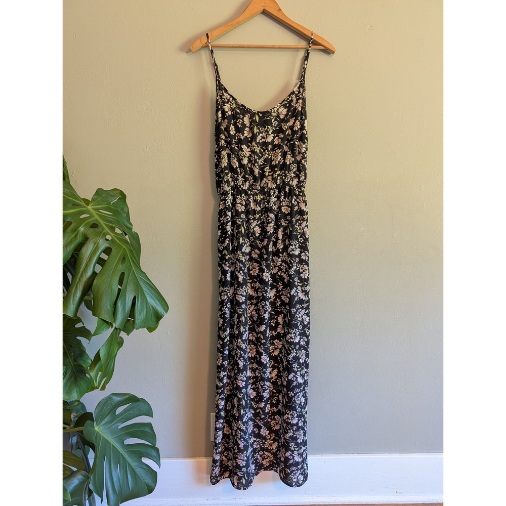 Forever 21 Black Floral Chiffon Maxi Dress Elastic Waist Size M Dark Floral Boho - Picture 3 of 11